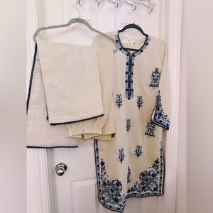 Elegant Cream & Blue Embroidered Women’s Dress Set 3 pc